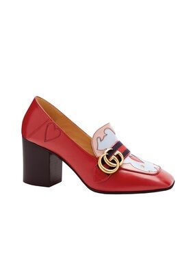 Gucci Peyton Texas-Heart Red Leather block Pumps Gold GG 38.5 sz 8-8.5 orig $995
